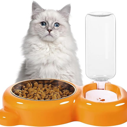 Dog Bowls, Cat Food and Water Bowl Set with Water Dispenser and Stainless Steel Bowl for Cats and Small Dogs - Orange