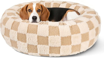 Dog Calming Beds for Small Medium Large Dogs - Round Donut Washable Puppy Dog Bed, Anti-Slip Faux Fur Fluffy Donut Cuddle Anxiety Cat Pet Bed (32" Grid)