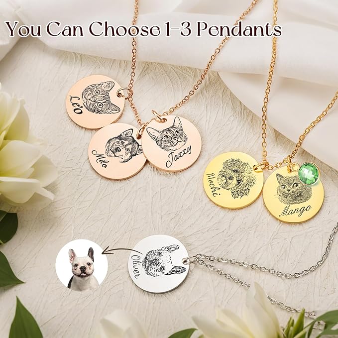 Personalized Pet Portrait Necklace Customized Pet Memorial Necklaces Dog Necklace for Women Custom Pets Necklaces Dog Memorial Jewelry for Cat Mom Dogs Dad (Gold 1 Portrait)