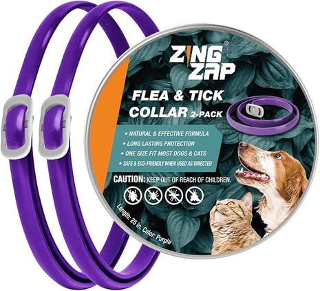 ZingZap Flea & Tick Collar 2-Pack Purple, Protects from Biting Insects, Adjustable Fits Both Dogs & Cats, Built-in Plant Based Formula, Slow Release Lasting Protection, Waterproof