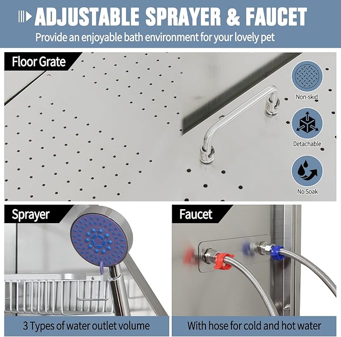 Professional Stainless Steel Dog Grooming Tub W/Soap Box, Faucet,Rich Accessory, Bathtub For Multiple Pets, Washing Sink For Home