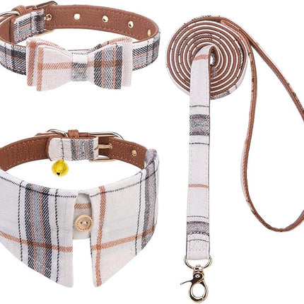 EXPAWLORER Dog Collar and Leash Set - Classic Plaid Medium Dog Collar with Bow Tie, Cute Collar and Leash Set, Adjustable Dog Collar for Medium Dogs Holiday Birthday Gifts, Beige Medium