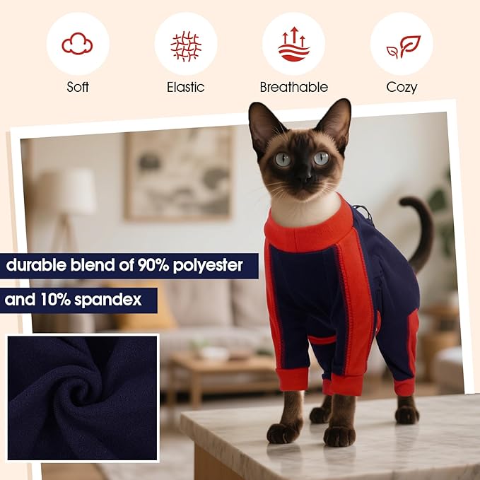 DENTRUN Cat Clothes with Anti-Shedding Fabric - Soft Recovery Suit & Breathable Lint-Resistant Cat Sweater for Wound Care & Hair Control, Kitten Onesie Pajamas, XXL, Dark Blue