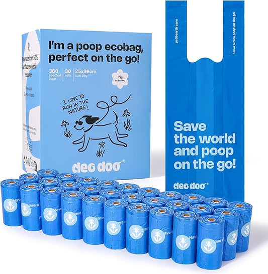 Dog Poop Bags with Handles 30 Rolls 360 Counts Big Sizes Leak Proof and Extra Thick Waste Bags Refill Rolls for Walking Small Medium Large Dogs Cats Litter Iris Scented