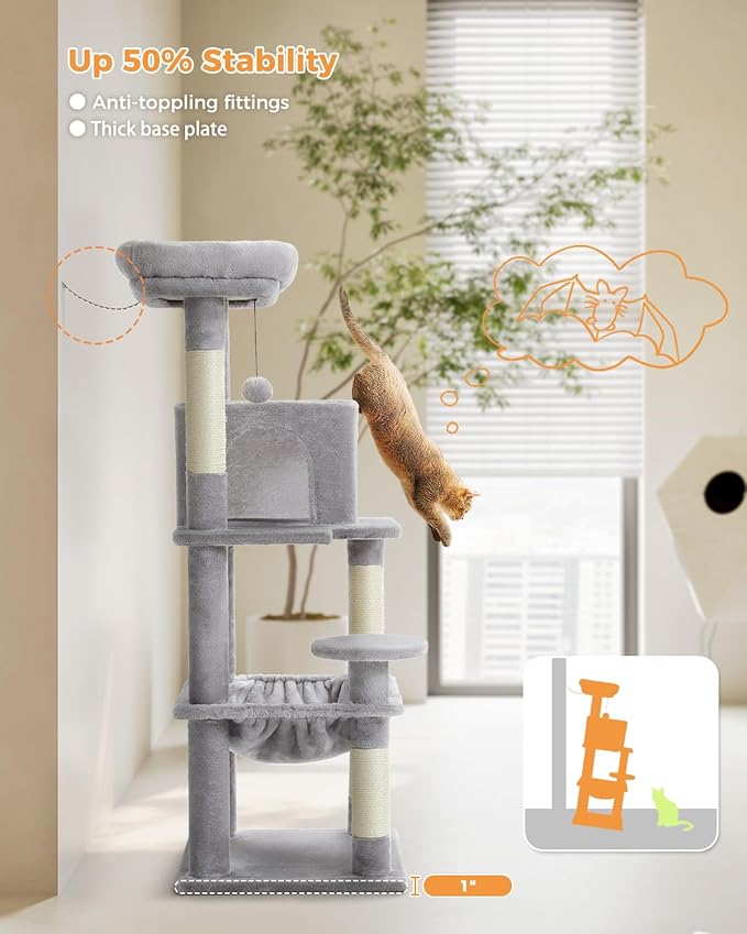Cat Tree for Indoor Cats, 45.7" Multi-Level Cat Tower with Large Metal Frame Hammock, Cat Condo with 4 Scratching Posts and Top Perch for Small Medium Kitty, Grey
