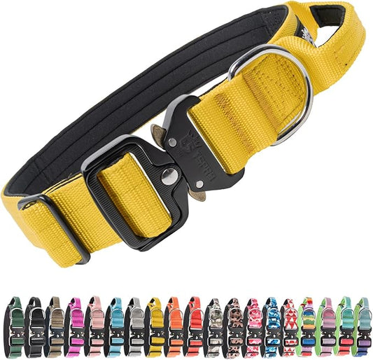 TSPRO Premium Dog Collars Tactical Dog Collar with Handle and Heavy Duty Quick-Release Metal Buckle Durable Thick and Adjustable for Medium to Large Dogs (Yellow L)