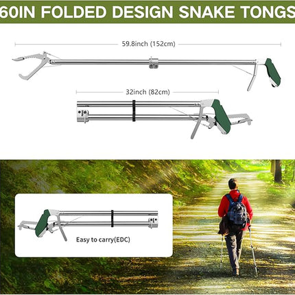 60“ Snake Tongs Collapsible Grabber, Professional Reptile Snake Catcher Wide Jaw Handling Tool, Stainless Steel Snake Hook