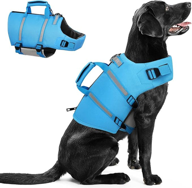 Queenmore Small Dog Life Jacket, High Floating Pet Life Preserver for Swimming and Boating, Adjustable Dog Water Vest with Back Zip and Rescue Handle (Blue S)