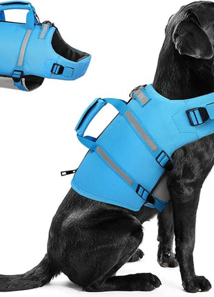 Queenmore XXL Dog Life Jacket - Floating Pet Life Vest, Adjustable Puppy Preserver for Swimming & Boating, Back Zip, Rescue Handle, Hook (Blue)