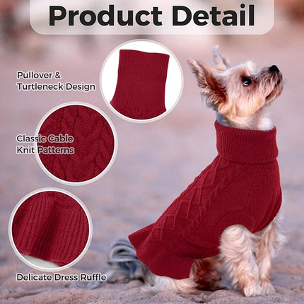 Lelepet Dog Sweater Turtleneck Knitwear Sweatshirt Cable Knit Warm Dress for Small Medium Large Dogs Puppy Fall Sweater, Yorkie, Maltese, S, Red