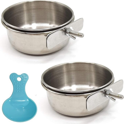 RONYOUNG 2PCS Bird Feeding Dish Cups with Spoon, Parrot Food Bowl Clamp Holder - Stainless Steel Coop Cup, Bird Cage Water Bowl for Parakeet African Greys Conure Cockatiels Lovebird Budgie Chinchilla