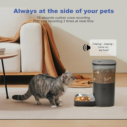 Automatic Cat Feeder, Cat Food Dispenser with 10s Voice Recorder, Pet Feeder up to 8 Meals per Day, Timed Feeder with Dry Food Sealed Ring (Black, 4L)