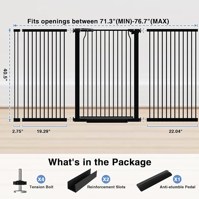 40.55" Extra Tall Baby Gate for Stairs-71.3"-76.7" Wide 1.37" Ultra Narrow Spacing Extra Wide Pet Cat Gate Dog Gate-Auto-Close Pressure Mounted Dog Door for Pets and Kids,Black