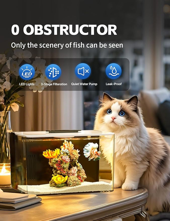 Betta Fish Tank, 2.5 Gallon Aquarium Kit with Modular Filtration, Heater, Light, Self Cleaning, Oxygenation, Small Fish Tank for Guppy, Shrimp