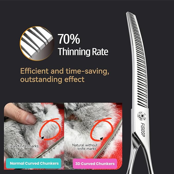 Professional 3D Curved Chunkers Dog Grooming Scissors 7.5 in Magic Thinning Shears for Dogs Pet Cat Light Cutting Feel No Marks Only Fluffy Natural 70% Thinning Rate Japan Alloy Steel(7.5,3D)