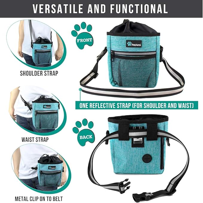 PetAmi Dog Treat Pouch | Dog Training Pouch Bag with Waist Shoulder Strap, Poop Bag Dispenser | Treat Training Bag for Treats, Kibbles, Pet Toys | 3 Ways to Wear (Turquoise) | No bowl included