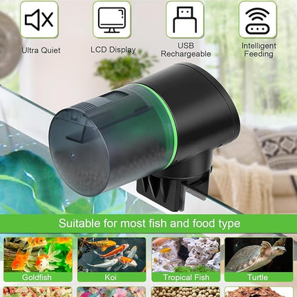 Automatic Fish Feeder for Aquarium - Rechargeable Fish Food Auto Dispenser Vacation Turtle Feeder with USB Charger Cable，LCD Screen, Customized Schedule，Black