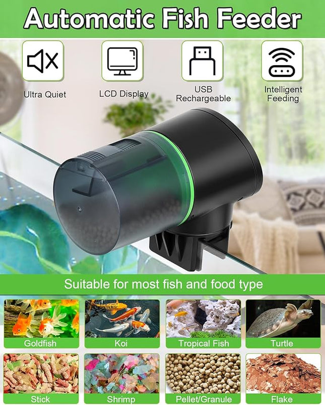 Automatic Fish Feeder for Aquarium - Rechargeable Fish Food Auto Dispenser Vacation Turtle Feeder with USB Charger Cable，LCD Screen, Customized Schedule，Black
