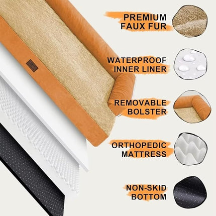 Large Dog Bed Orthopedic Washable, Orthopedic Dog Beds for Large Dogs with Washable Cover, Removable Bolster and Non-Slip Bottom Orange Pet Beds, XL XLarge Extra Large Dogs