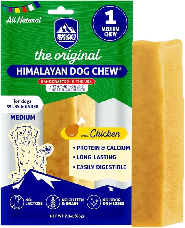 Himalayan Dog Chew Original Yak Cheese Chew, Chicken, 1 Medium Stick, 2.3 oz, Gluten Free, Healthy Treats, Grain & Lactose Free 100% Natural, Long Lasting, for Dogs Under 35 lbs