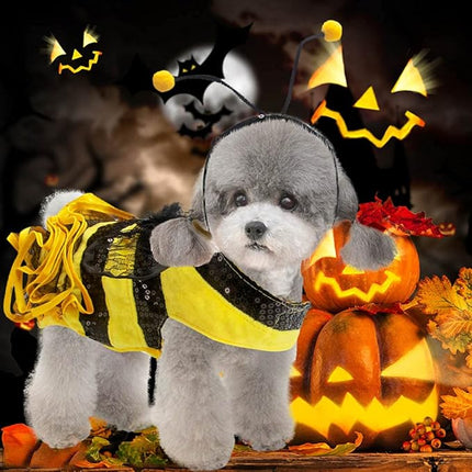Bee Dog Costume Bumblebee Pet Dress with Cap, Funny Dog Halloween Costumes Outfit for Small Medium Dogs Cats for Christmas, Birthday Party Photo Props Dress up Accessories Parade