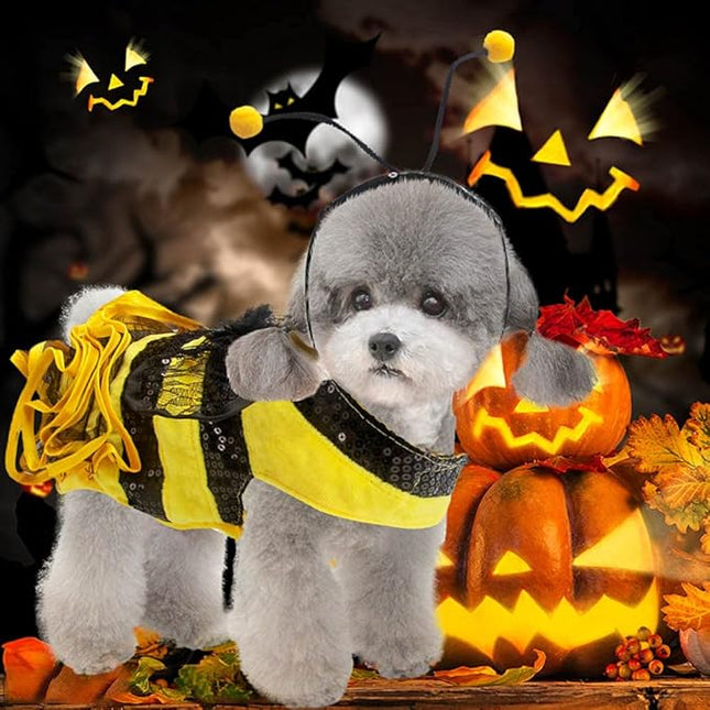 Bee Dog Costume Bumblebee Pet Dress with Cap, Funny Dog Halloween Costumes Outfit for Small Medium Dogs Cats for Christmas, Birthday Party Photo Props Dress up Accessories Parade