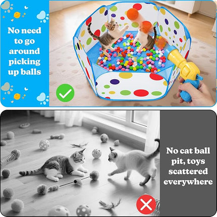 AIERSA Cat Ball Pit for Indoor Cats,Interactive Toy Included 200 Pom Pom Balls and Launcher&Springs&Jingle Balls&Feather Spring Ball,Cats Self Play Enrichment Stimulation Toys for Bored Cat