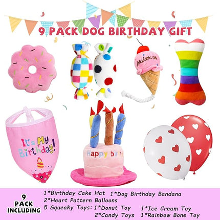Dog Birthday Toys Girl, Squeaky Plush Birthday Cake Hat Bandana, Birthday Gifts for Small & Medium Dog, 9 Pack Pink