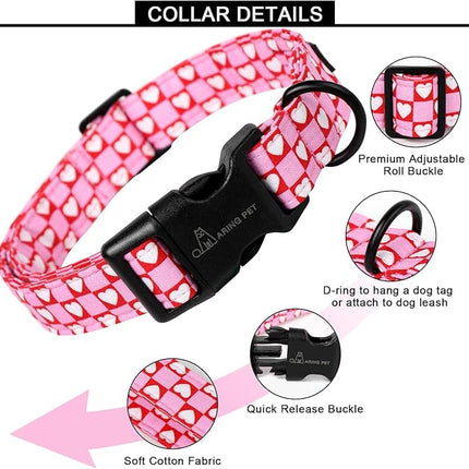 ARING PET Valentine's Day Dog Collar, Cute Pink Red White Heart Pet Collars with Quick Release Buckle for Puppy Small Medium Large Boy Girl Dogs-M