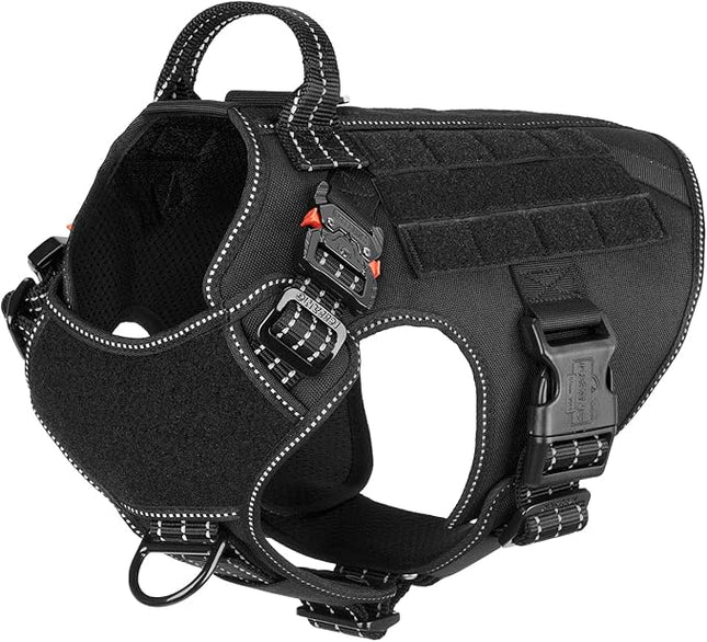 ICEFANG Tactical Dog Harness, Medium Size,2X Metal Buckle,Working Dog MOLLE Vest with Handle,No Pulling Front Leash Clip,Hook and Loop Panel (Black,M (Pack of 1))