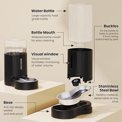 CZPET Dog Water Bowl Dispenser, 7L Automatic Dog and Cat Water Dispenser with Stainless Steel Bowl, Gravity Waterer, Large Capacity, and Quiet Drinking Area for Pets (7L,Black)