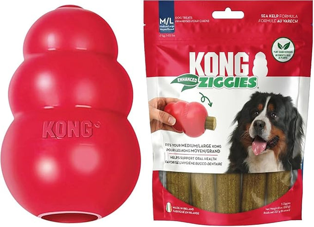 KONG Classic Toy & Enhanced Ziggies Treats Combo Pack - Durable Chew Toy for Dogs - with Enhanced Ziggies Treats - Dog Accessories for Fun & Health - for Medium Dogs