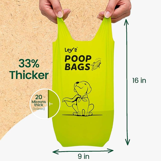 Ley's Compostable Dog Poop Bags, Plant-Based Biodegradable Doggie Waste Bags with Easy Tie Handles, Unscented, Vegetable-Based, Dog Bags Refill Rolls with Dispenser and Leash Clip