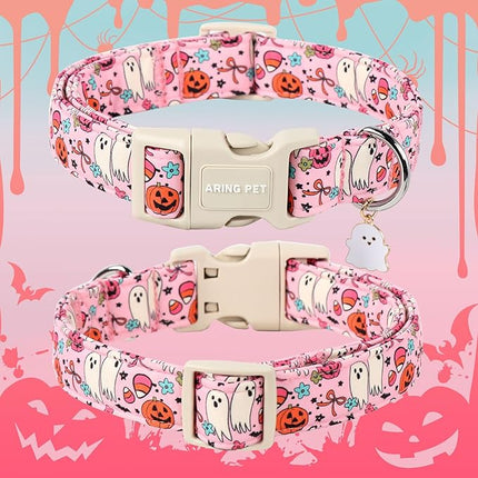 ARING PET Halloween Dog Collars, Cute Pink Pumpkin Ghost Flower Bowtie Pet Collar with Quick Release Buckle for Small Medium Large Girl Boy Dogs-S