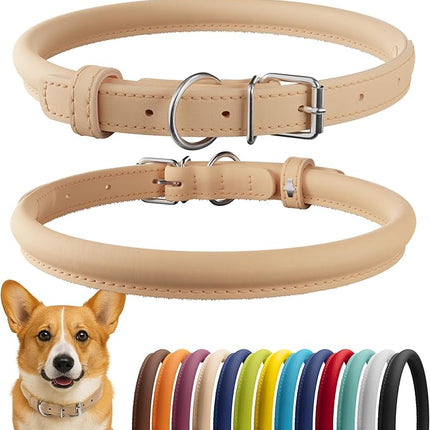 CollarDirect Rolled Leather Dog Collar, Soft Padded Round Puppy Collar, Handmade Genuine Leather Collar Dog Small Large Cat Collars 13 Colors (11-14 Inch, Beige Smooth)
