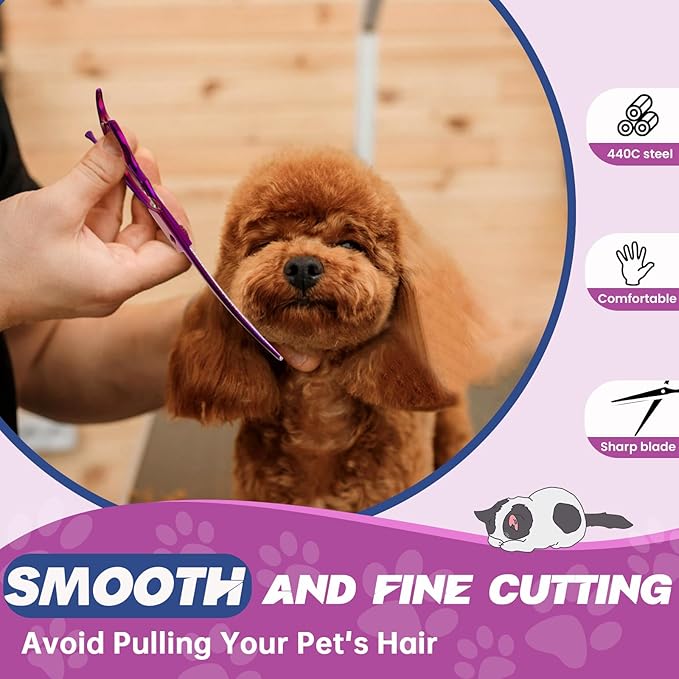 JASON Curved Thinner Dog Scissors - 7” Ergonomic Pet Scissor Purple Curved Thinning Dog Shear 440C Stainless Steel Grooming Shears Professional Pet Shears For Groomer (52-Teeth, Up-curved)