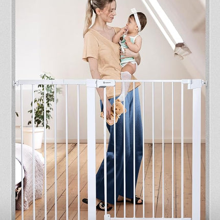 COMOMY 36" Extra Tall Baby Gate for Stairs Doorways, Fits Openings 29.5" to 48.8" Wide, Auto Close Extra Wide Dog Gate for House, Pressure Mounted Easy Walk Through Pet Gate with Door, White