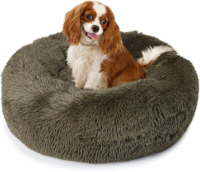 Calming Donut Dog Bed for Small Medium Dogs - 23 Inch Green Anti-Anxiety Washable Fuzzy Bed Fits up to 15 lbs