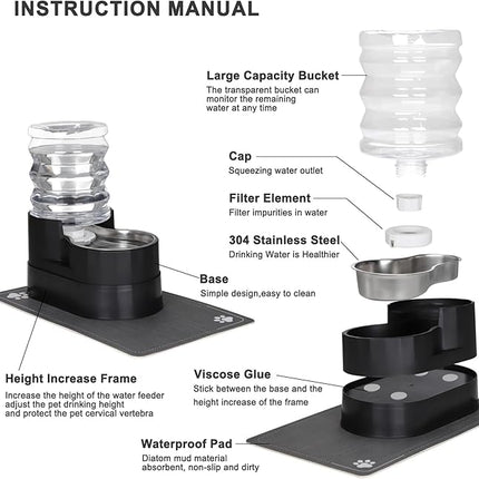 RIZZARI Automatic Cat Water Dispenser: Black 5L Elevated Feeder with Specialized Brush and Triple Filtration - Stainless Steel Gravity Bowl - Leakproof Base for Indoor Pets