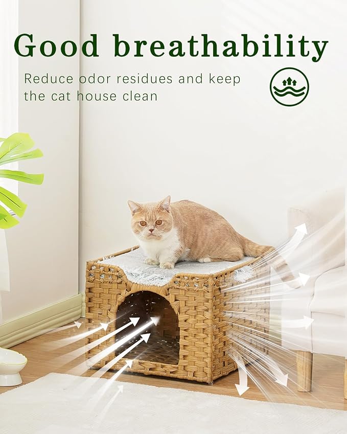 Cat Beds Indoor Kitten House, Handwoven Rattan Cat Cave Pet Cube, Large Cat Houses, One Bed Mat, Foldable, Hideaway, 16.5x16.5x13.2 Inches, 2 S-Shaped Hooks in Living Room Bedroom Natural