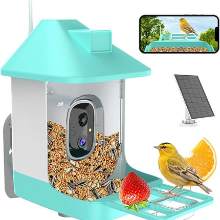 Bird Feeder with Camera,Smart Birdwatching Camera with Solar Powered,AI Identify Species,Instant Notifications,FHD Live View, Auto Record Video in Backyard,Ideal Gifts for Family and Bird Lovers,Blue