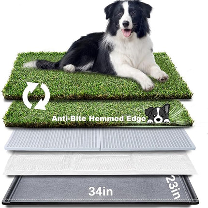 HQ4us Dog Grass Pad with Tray Large 34”×23” Dog Litter Box Toilet with 2×Artificial Grass for Dogs with Hemmed Edge, Pee Pads for Dogs, Realistic, Less Stink, Potty for Balcony