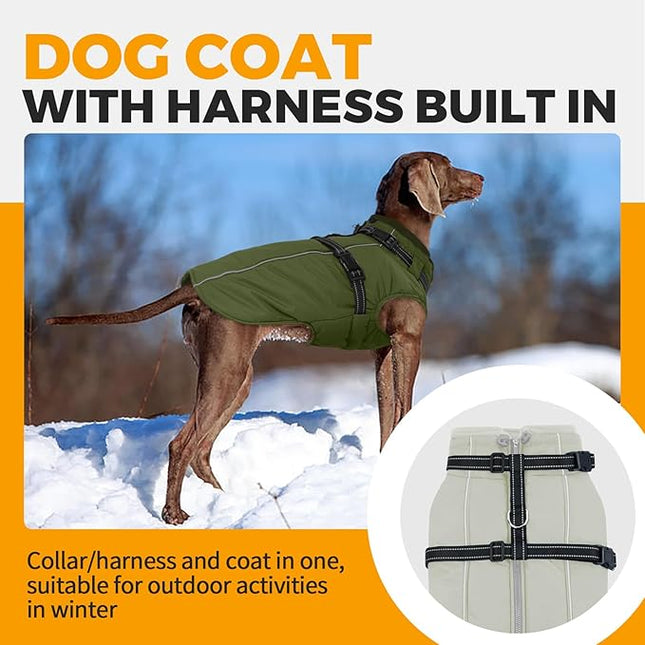 Lelepet Dog Coat for Large Dogs Waterproof Dog Jacket with Harness Built in Reflective Fleece Jacket with Zip Cold Weather Coats for Dogs Cozy Thermal Pet Snowsuit, Weimaraner, Army Green, XXL