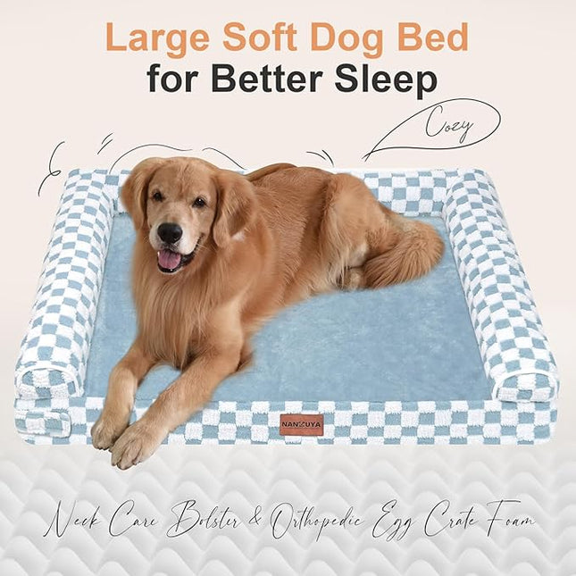 Large Dog Bed Orthopedic Washable: Beds Bolster XL Bed Big XLarge Dogs Egg Crate Foam Couch Sofa Waterproof with Removable Cover - Blue Grid