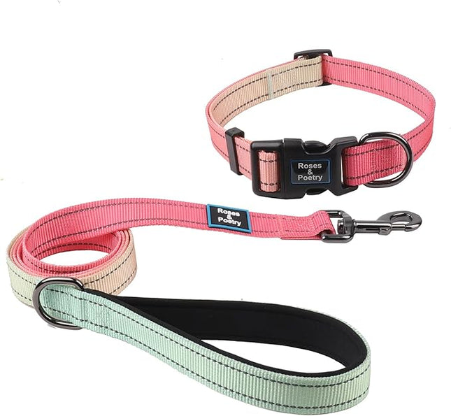 Roses&Poetry Pink Dog Collar and Leash Set for Medium Dogs, Adjustable, Reflective, Durable, 6 Feet