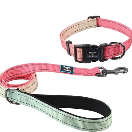 Roses&Poetry Pink Dog Leash and Collar Set, Reflective Dog Collar and Leash for Large Dogs, Adjustable Durable Matching Collars with Leashes for Large Dogs (Pink Gradient-L)