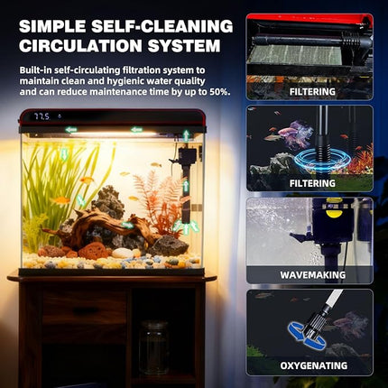 Coospider 5 Gallon Glass Fish Tank, Aquarium Starter Kit, Self-Cleaning Aquarium Kit with Ultra-Quiet Filter Pump, 3-Color LED Lights, Temp Monitoring for Fish, Shrimp, Kids Gift Idea