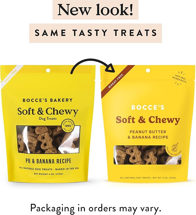 Bocce's Bakery Oven Baked PB & Banana Recipe Treats for Dogs, Wheat-Free Everyday Dog Treats, Real Ingredients, Baked in The USA, All-Natural Soft & Chewy Cookies, Peanut Butter & Banana, 6 oz