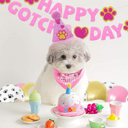 Happy Gotcha Day Dog Bandana- Dog Birthday Party Supplies Boy Girl Gotcha Day Triangle Scarf with Hat Banners Balloons It’s My Gotcha Day Bibs Adoption Party Decor for Small Large Dogs-Pink