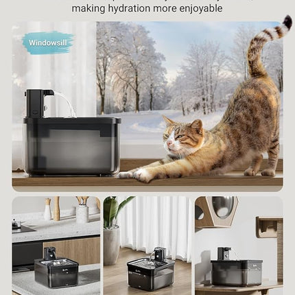 DownyPaws Cat Water Fountain Stainless Steel Cordless, 84oz/2.5L Fursink Wireless Pet Water Fountains for Cats Indoor, Battery Operated Cat Drinking Fountain, Ultra Quiet Pump, BPA-Free, Black
